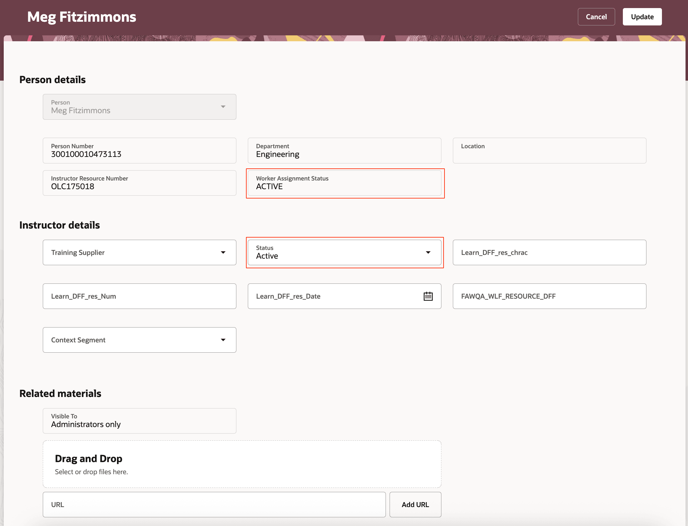 就業者アサイメント・ステータスおよびインストラクタ・ステータスが強調表示された「Edit Instructor」ページ