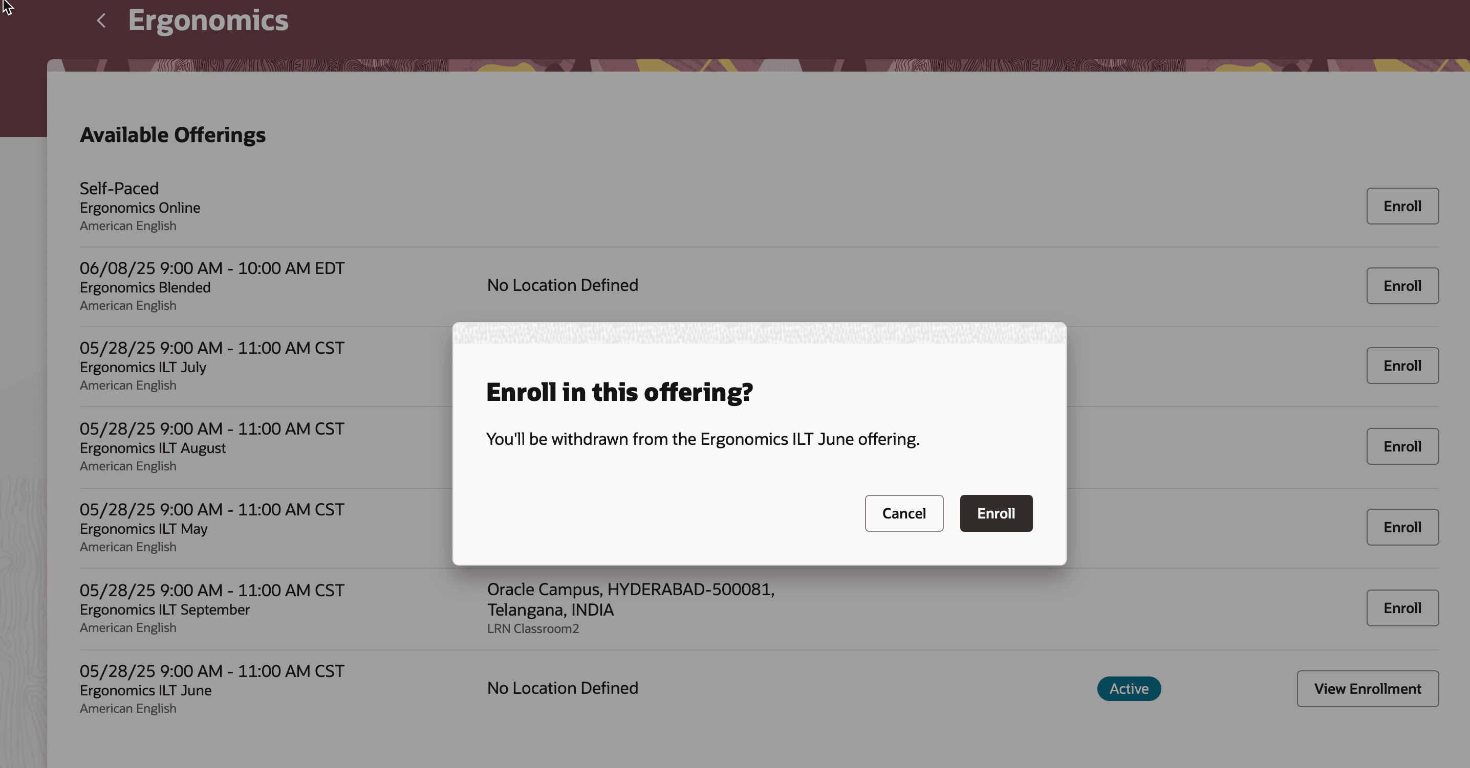 この講義への登録の確認ダイアログ・ボックス