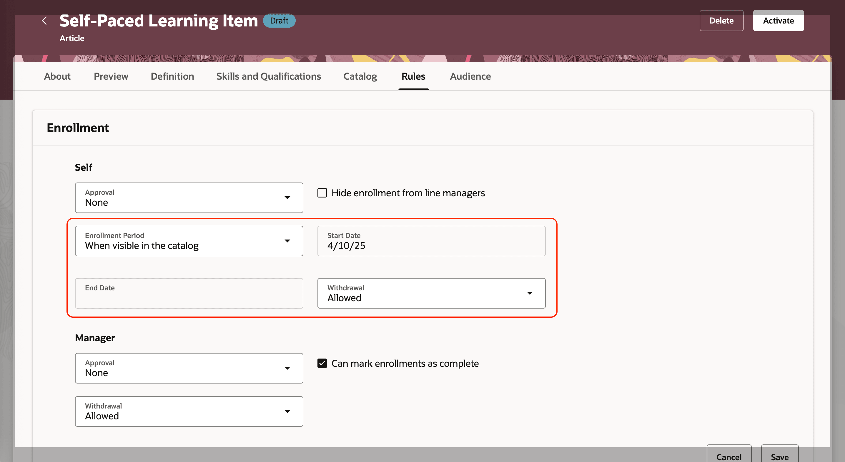 登録期間のカタログ表示日を使用した自己ペース学習