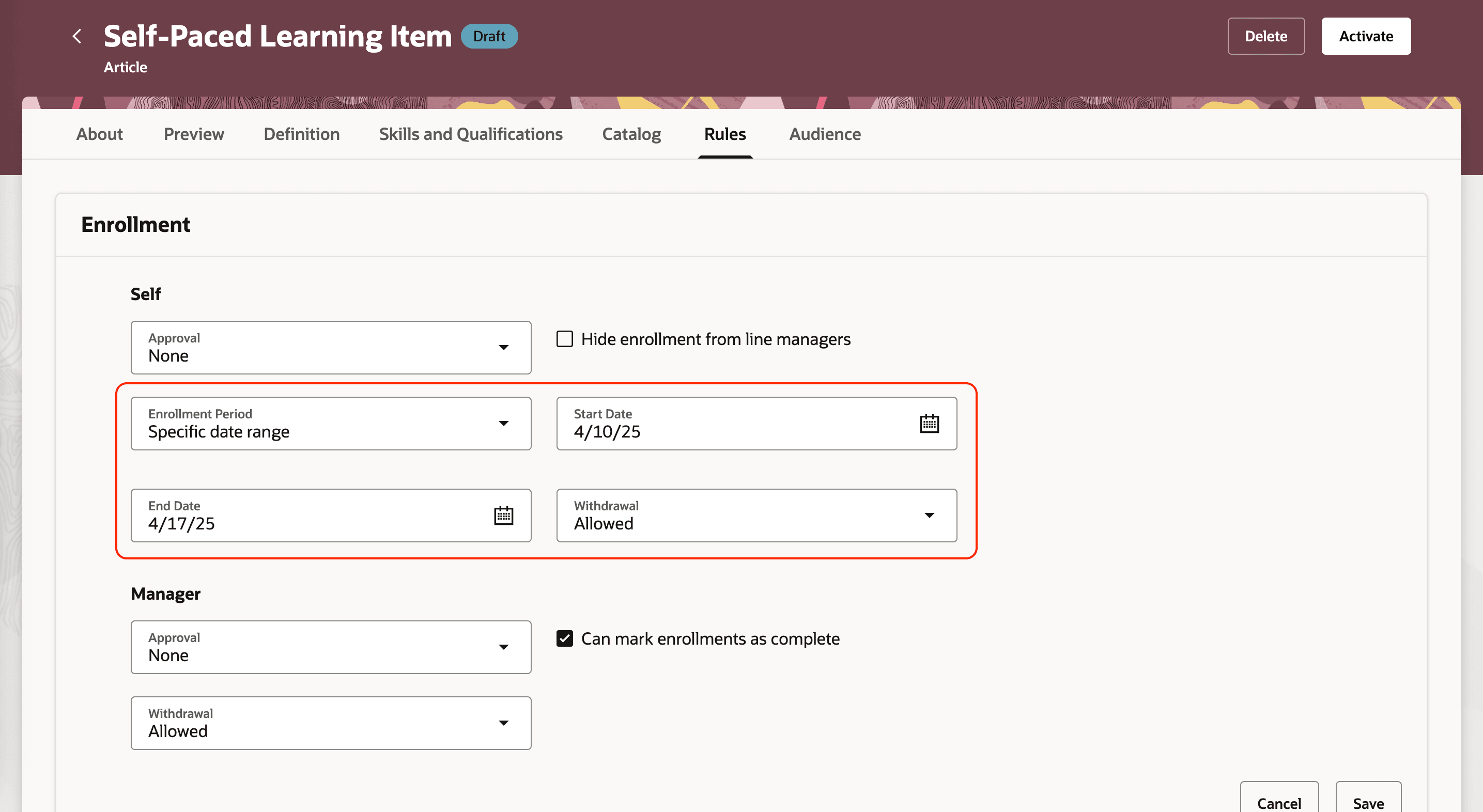 登録期間に特定の日付範囲を使用した自己ペース学習
