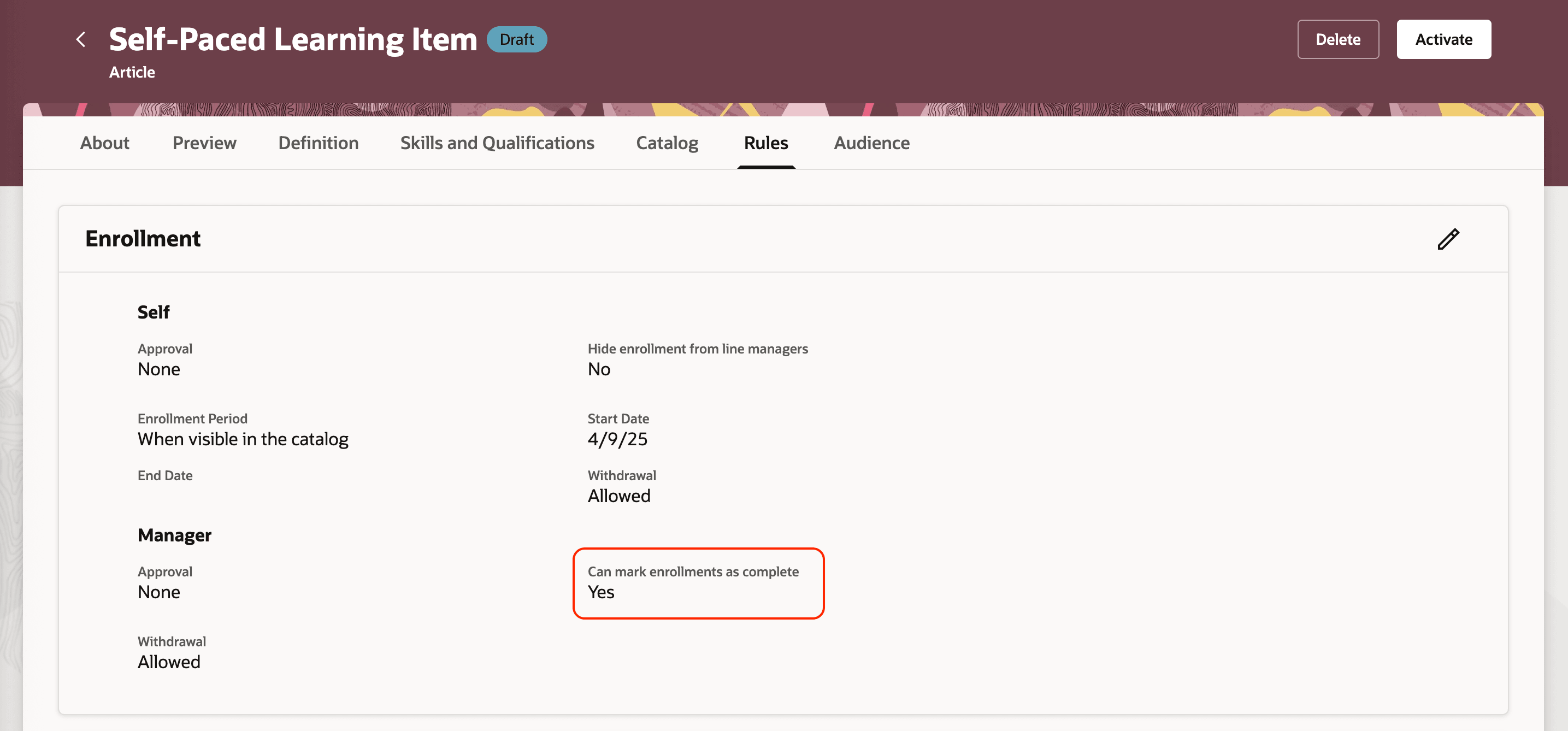 登録を完了としてマークできる自己ペース学習項目を「はい」に設定