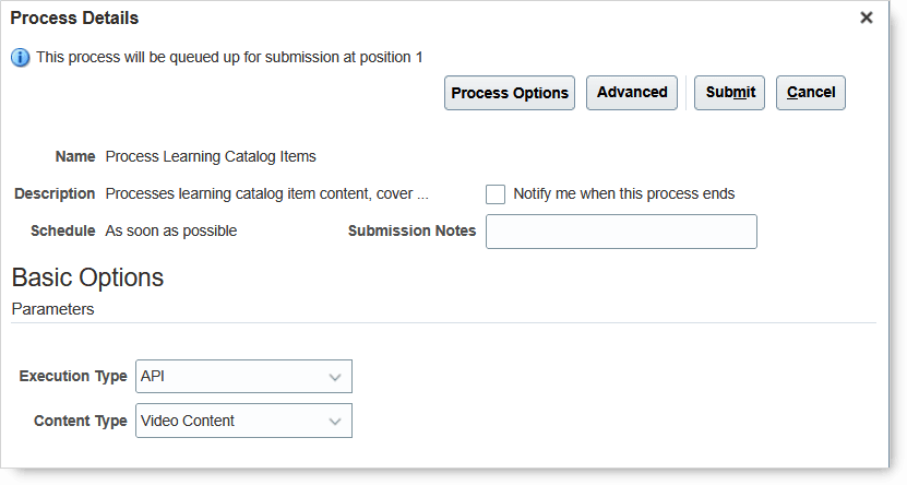 新規パラメータによる学習カタログ項目スケジュール済バックグラウンド・プロセスの処理