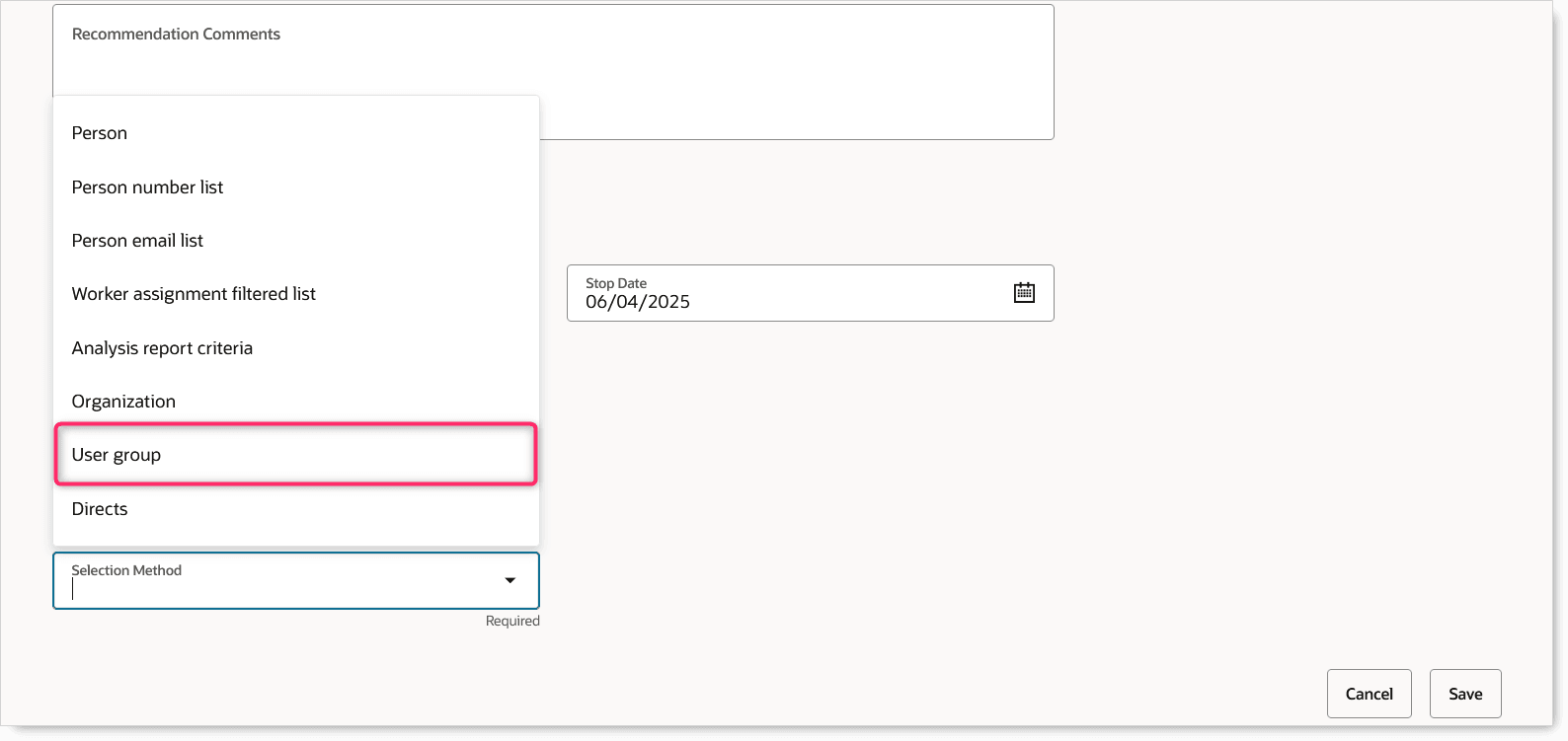 「オーディエンス」セクション、選択メソッド・リスト