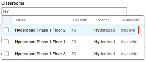 1つの教室に非アクティブ・ステータスがあり、2つの教室が使用可能であることを示す教室リスト