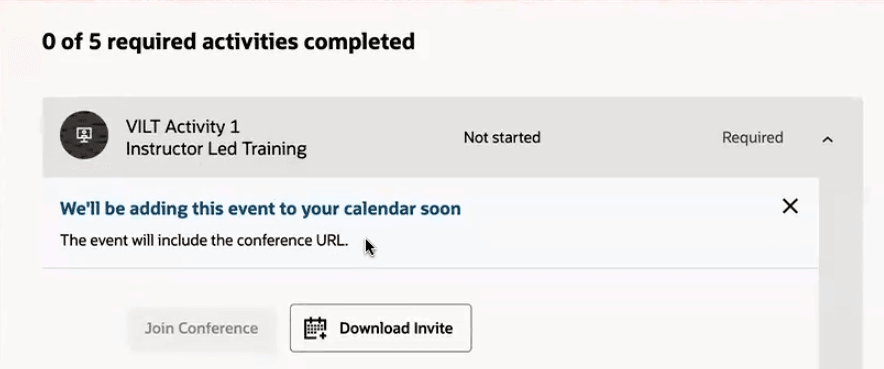 会議URLが生成され、カレンダ・イベントが送信される前の仮想アクティビティのバナー