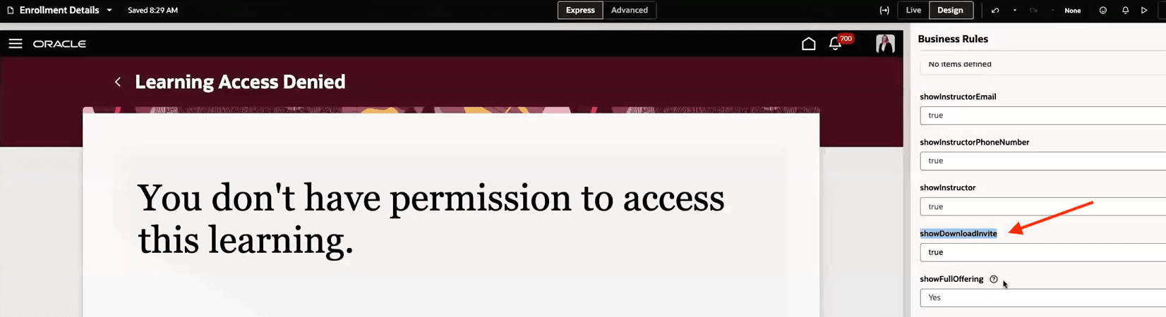 showDownloadInviteプロパティを表示するVisual Builder Studio