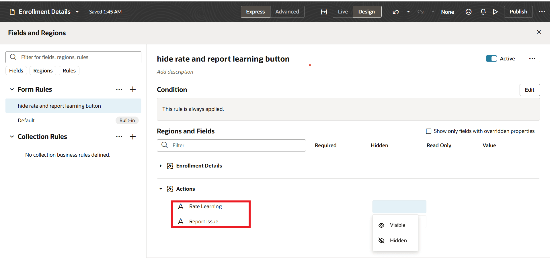 レートおよびレポート学習オプションを非表示にするビジネス・ルール