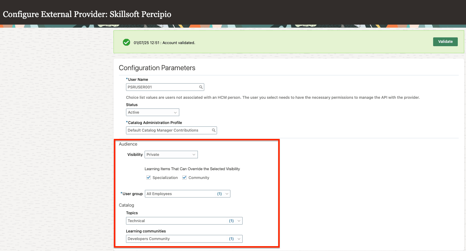 新規オーディエンスおよびカタログ設定が表示された「外部プロバイダの構成」ページ