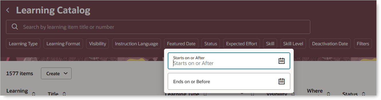 「学習カタログ」ページの機能拡張された日付フィルタ