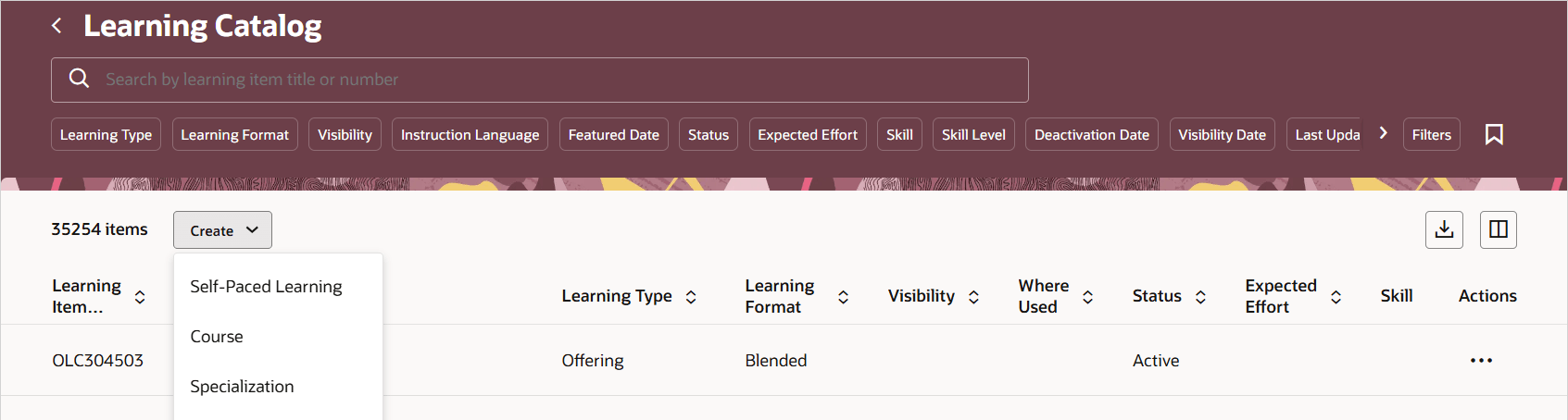 「作成」ボタン・メニュー・オプションが表示された「学習カタログ」ページ