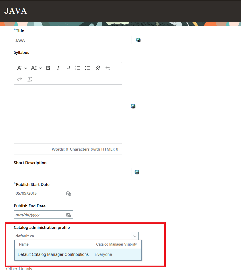 「コース詳細」ページの「カタログ管理プロファイル」フィールド