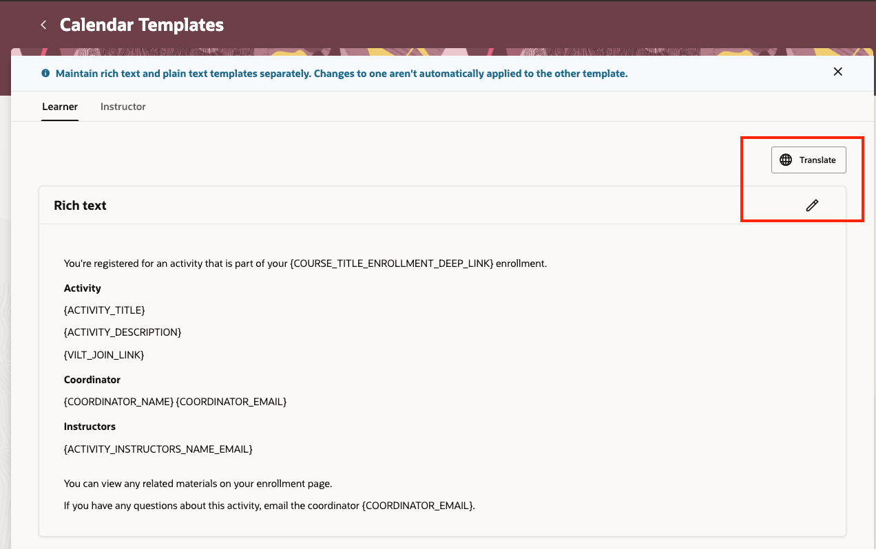 「カレンダ・テンプレート」ページ、「翻訳」ボタンが強調表示された「学習者」タブ