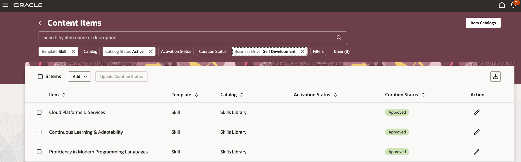 ビジネス・ドライバ「自己開発」に基づいてフィルタされたコンテンツ項目の例