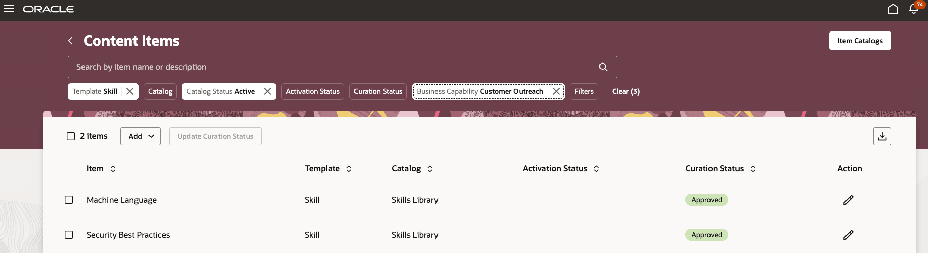 ビジネス機能「顧客アウトリーチ」に基づいてフィルタされたコンテンツ項目の例