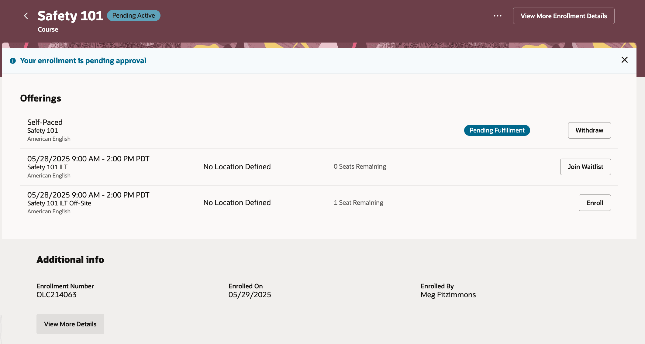 学習者が登録待ちまたは登録待ちに参加できる登録待ちおよびその他の講義を表示する学習登録ページ
