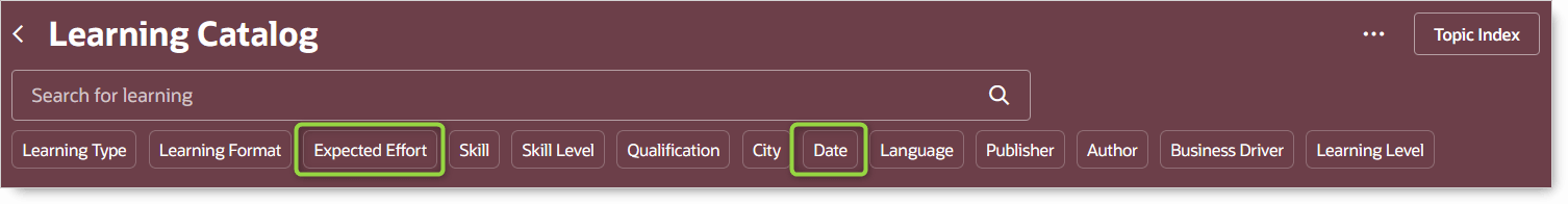 予定作業量および予定日フィルタが表示された学習カタログ・ページ