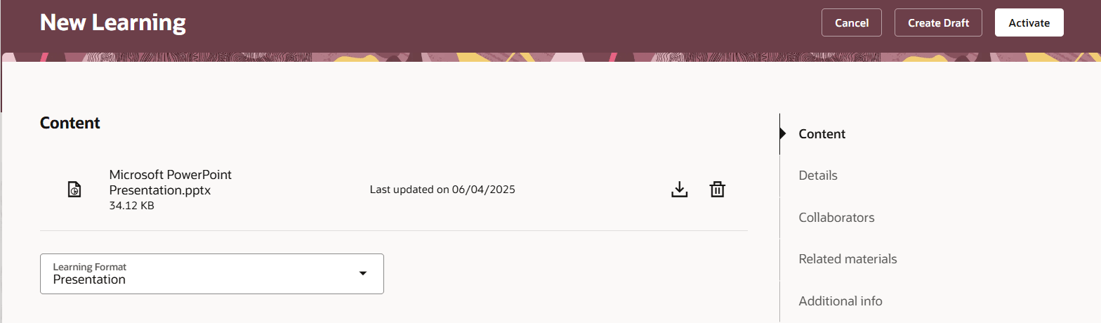 Microsoft PPTX PowerPointコンテンツが表示された新しい学習ページ