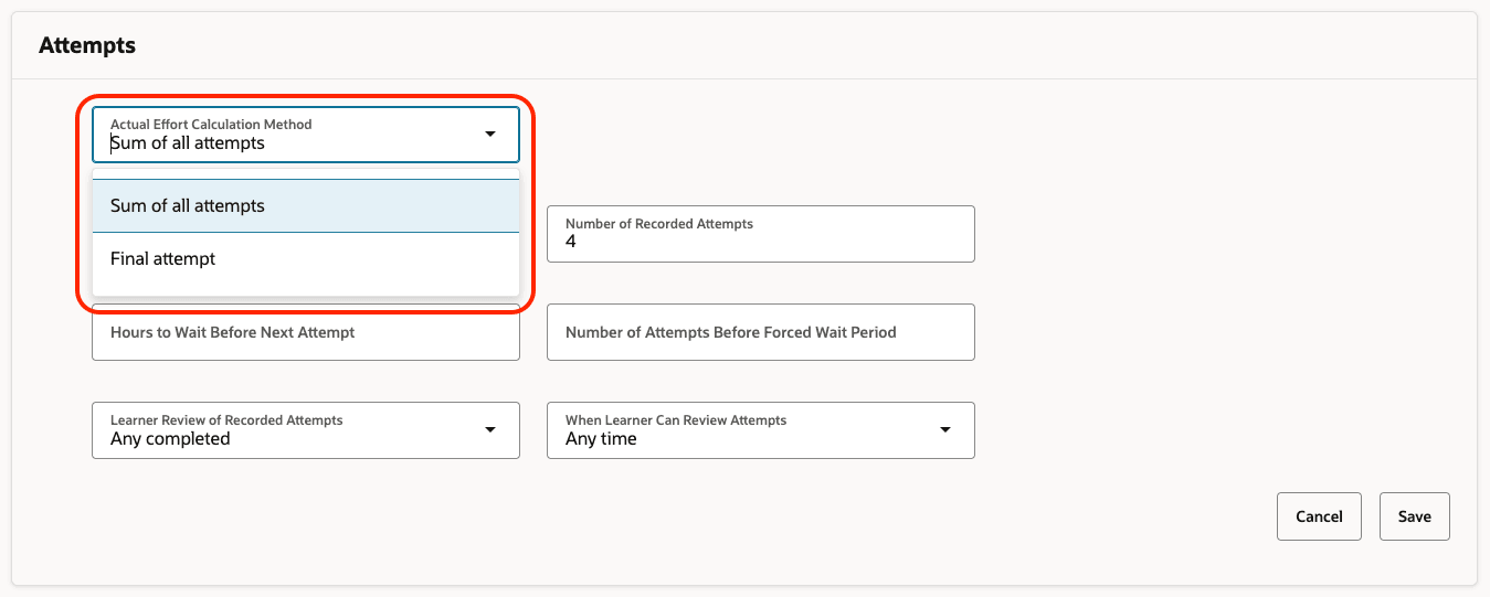自己ペース学習の「ルール」タブの「試行」セクションの「実績作業量計算メソッド」フィールド