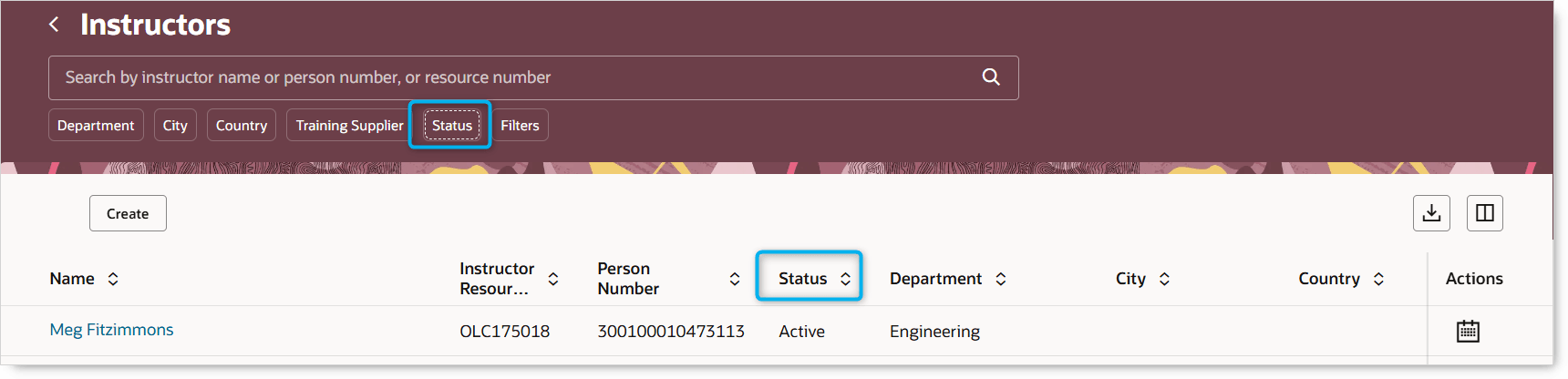 新規フィルタが強調表示された「自分のクライアント・グループ」>「学習および開発」>「インストラクタ」ページ