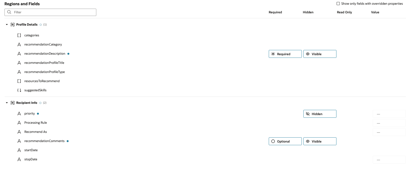 Visual Builder Studioの「推奨プロファイルの作成」ページまたは「推奨プロファイルの編集」ページの「リージョンおよびフィールド」セクション