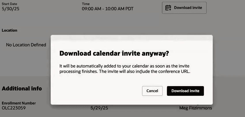 会議URLが生成され、カレンダ・イベントが送信される前の警告