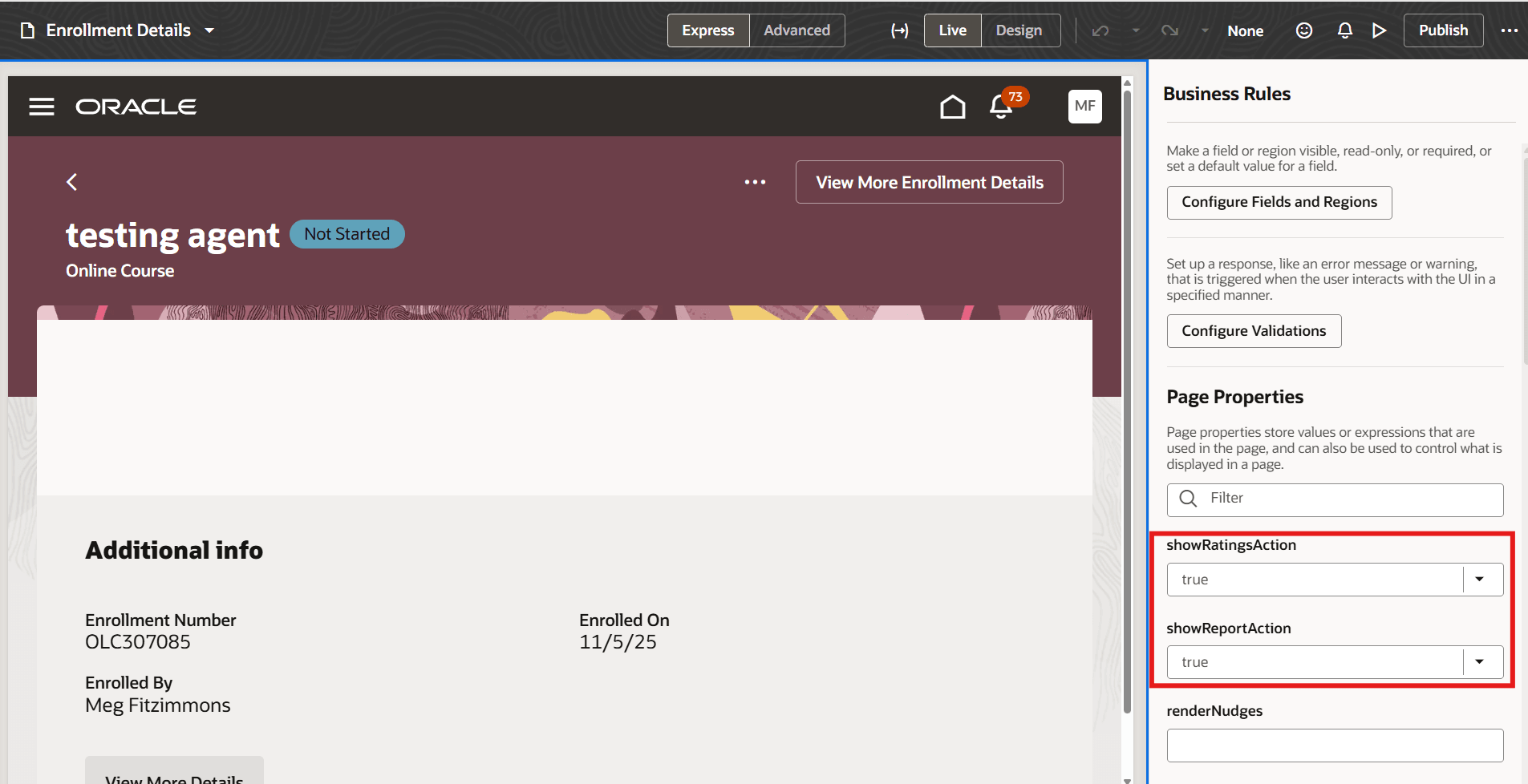 レートおよびレポートの学習オプションを非表示にするページ・プロパティ