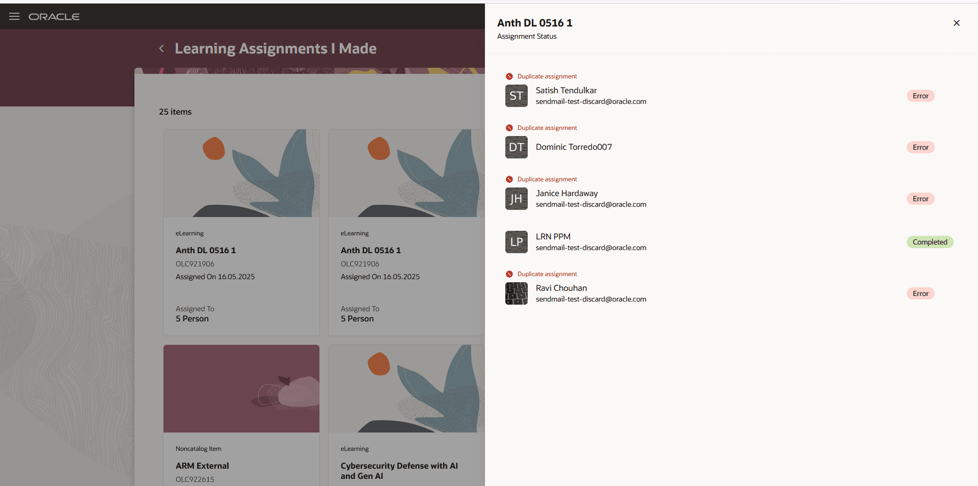 各学習者の作成ステータスを示す学習アサイメント・ドロワー