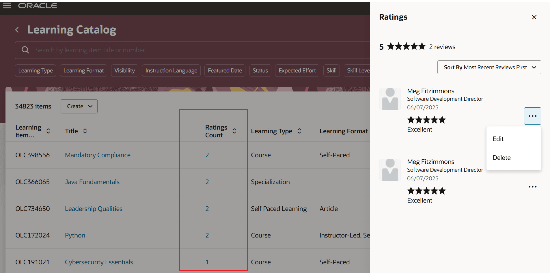 単一カタログ・リスト・ページの評点数および評点詳細