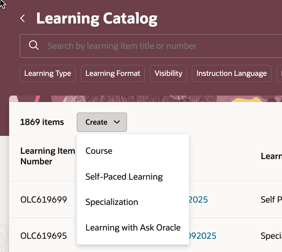 「学習カタログ」ページに「作成」→「Ask Oracleのある学習」メニュー・オプションが表示されている