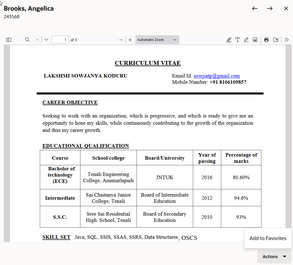 履歴書の表示中にお気に入りに追加アクション