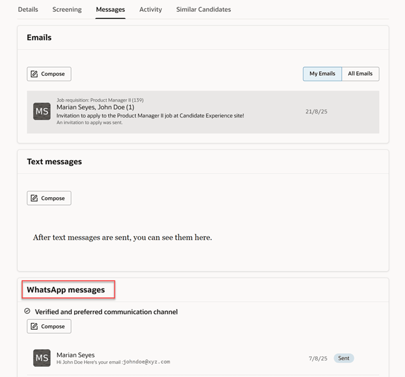 WhatsAppメッセージ・セクションを含む候補者プロファイル・ページ