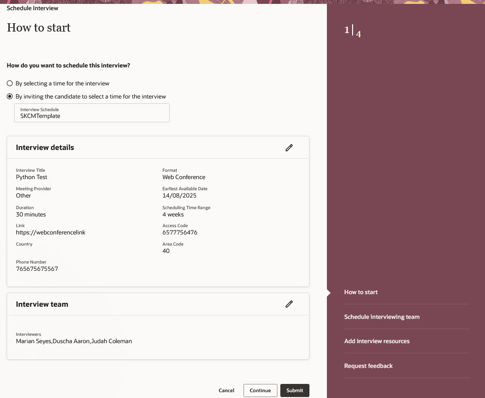 時間を選択するための候補者の招待によるインタビューのスケジュール