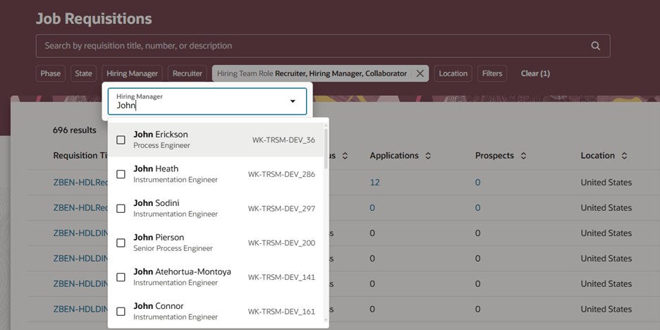 タイトルおよび個人番号を表示する採用マネージャ・フィルタ