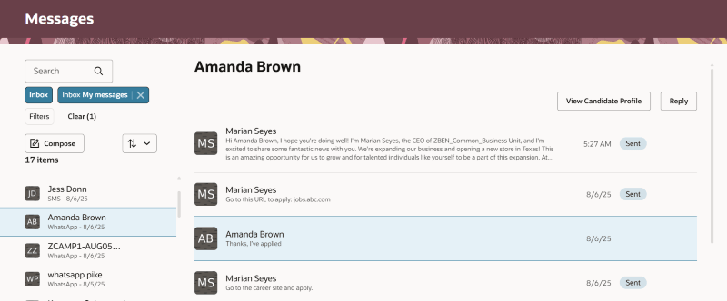 WhatsAppメッセージをリストするメッセージ・センター