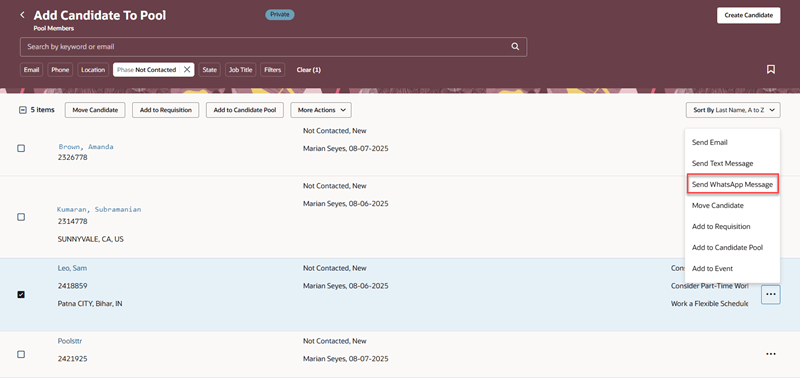 候補リスト・ビューからWhatsAppメッセージを送信
