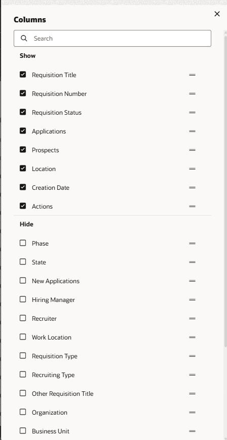 「ジョブ要求」リストに表示される列