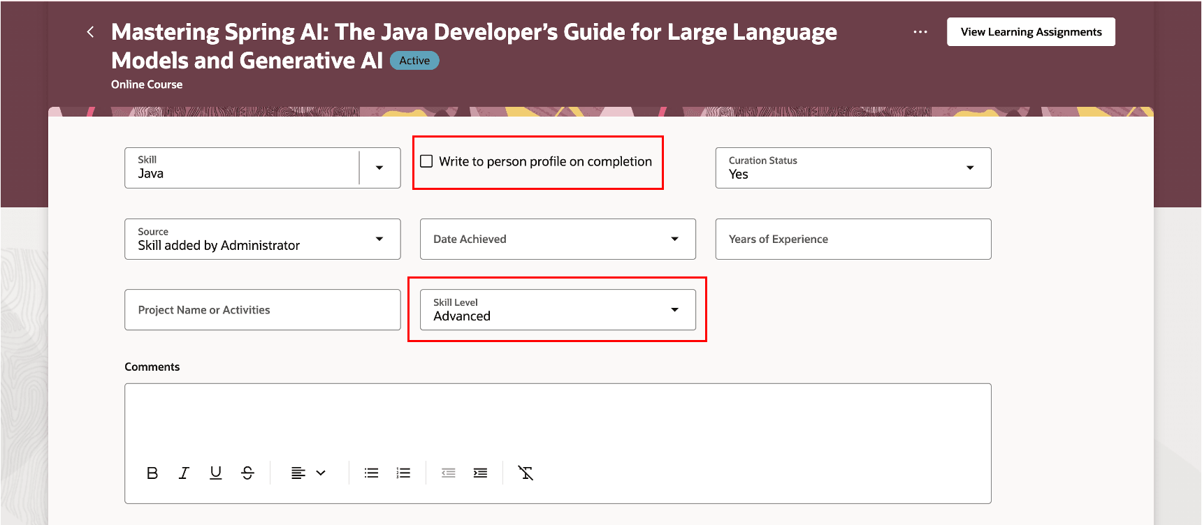 関連スキルにスキル・レベルを追加できる学習ページ