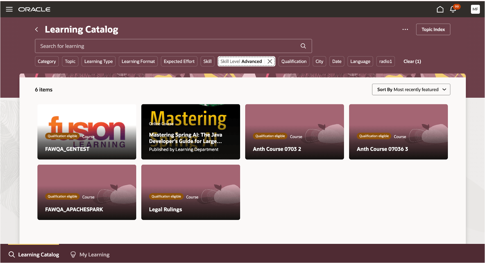 関連スキルのスキル・レベルでフィルタされた学習を表示する学習カタログ・ページ