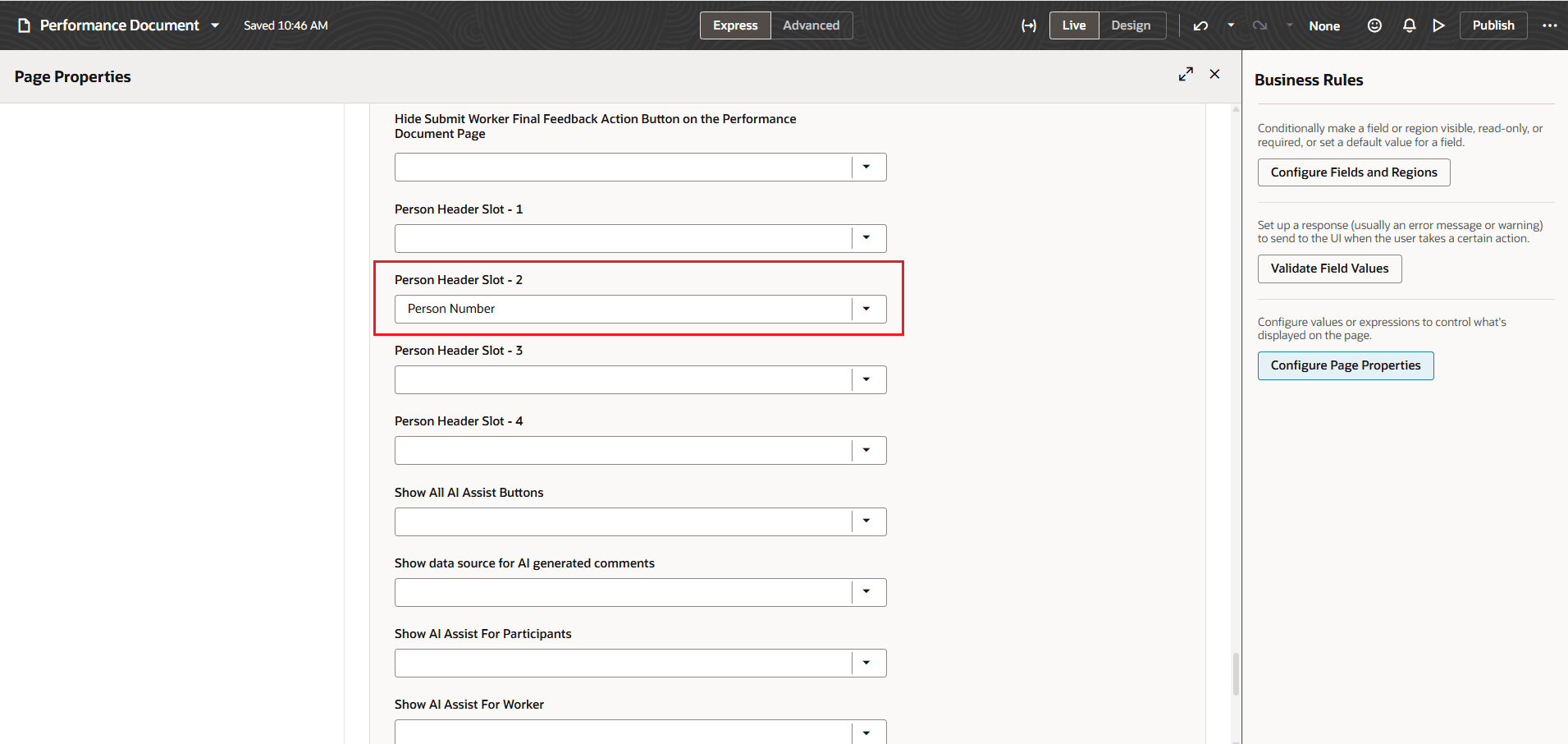 「パフォーマンス文書」ページで強調表示された個人ヘッダーのページ・プロパティを示すスクリーンショット。