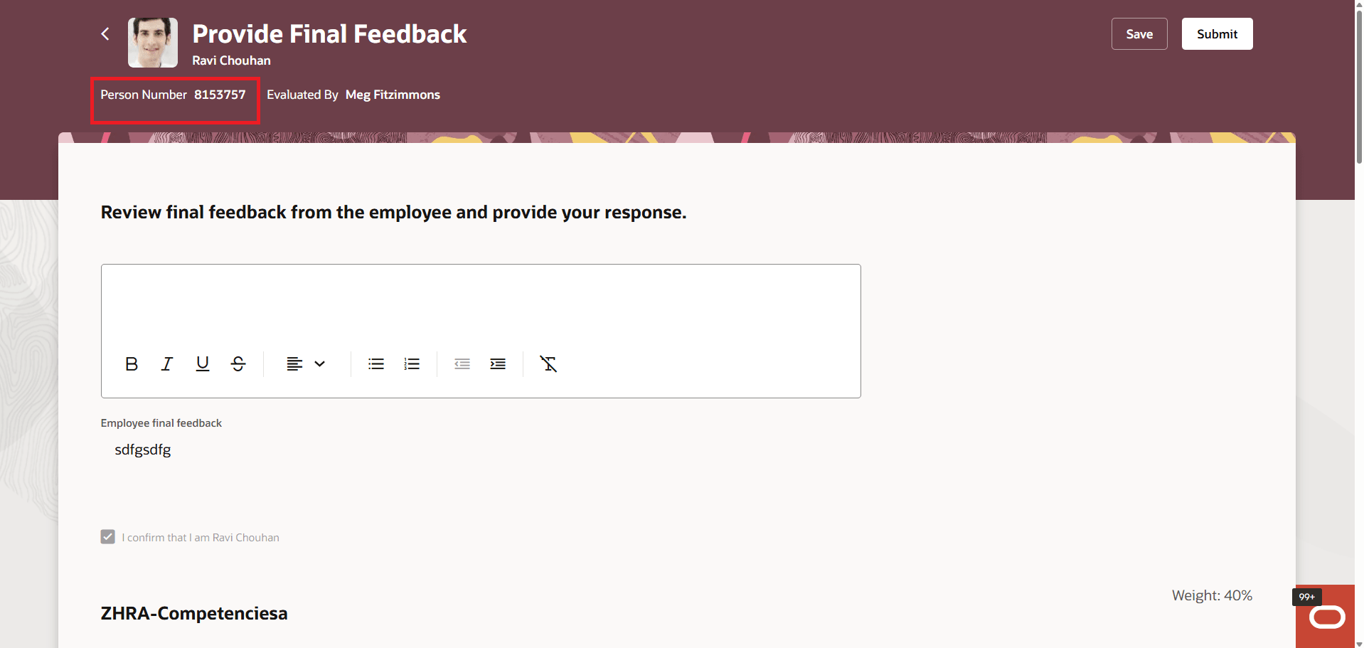 パフォーマンス文書ページで強調表示された個人ヘッダー情報の構成結果を表示するスクリーンショット。