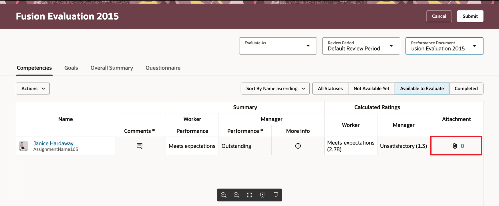 従業員のパフォーマンス文書の「オールインワン評価」で強調表示された添付列を表示するスクリーンショット。