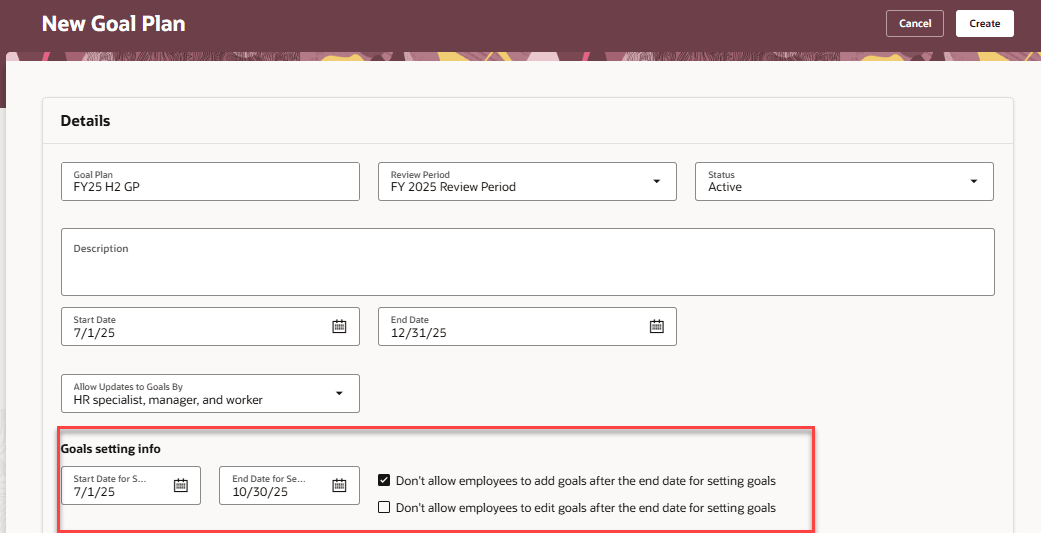 目標プランの目標設定情報セクション
