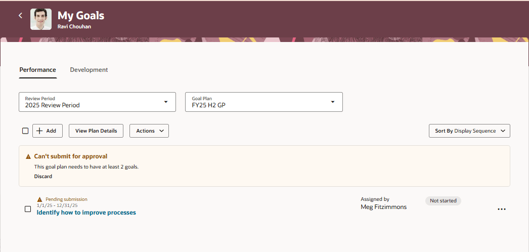 承認のために目標プランを送信できないというバナー・メッセージが表示された従業員の「自分の目標」ページの「パフォーマンス」タブ