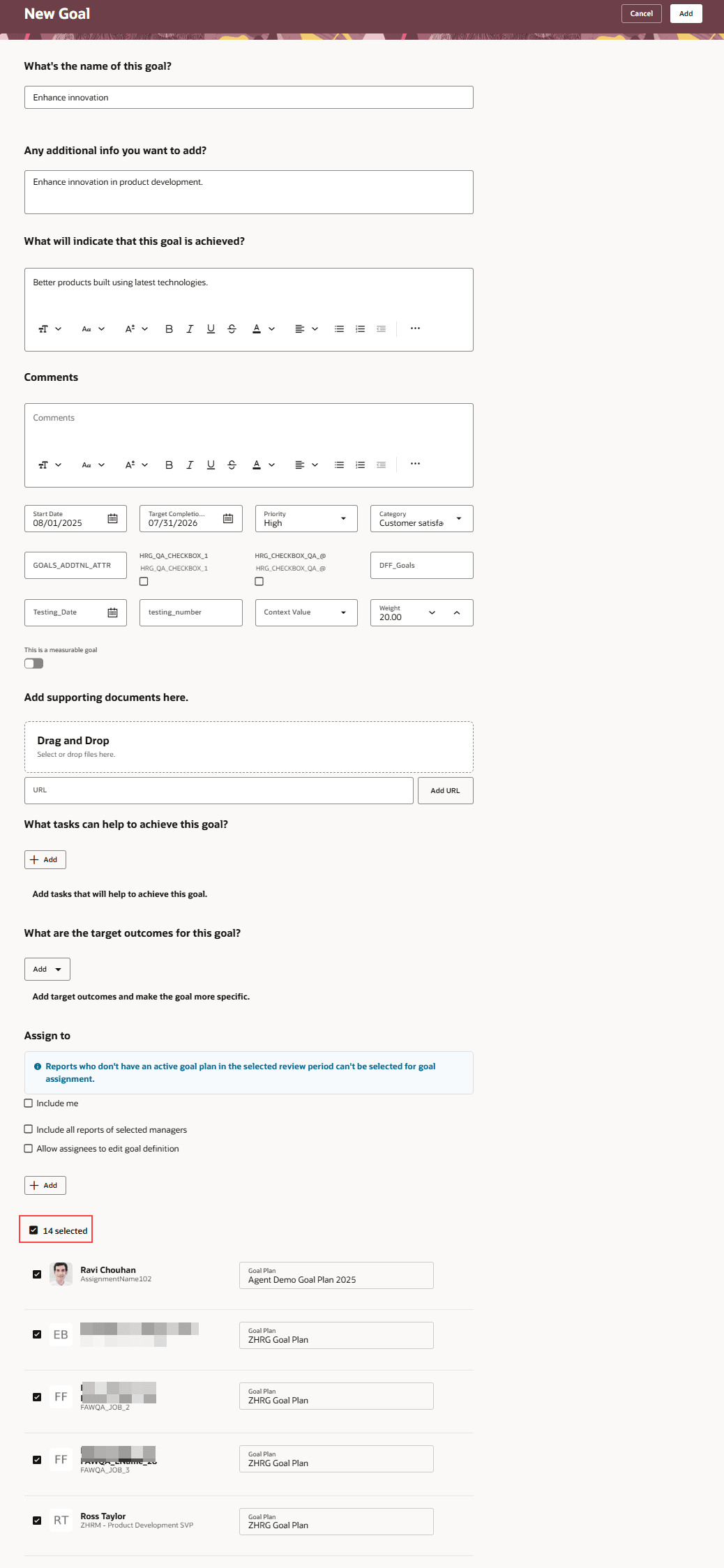 目標割当に対してすべてのチーム・メンバーが選択された「新規目標」ページ