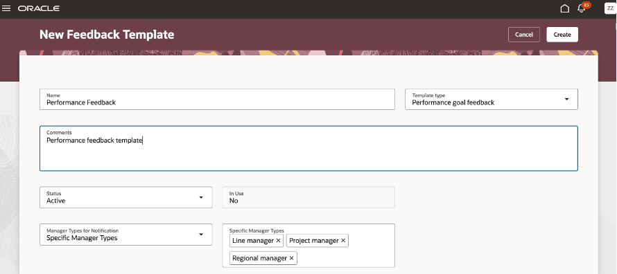 HRでは、フィードバックに関する通知を就業者が選択できる特定のマネージャ・タイプを使用可能にします