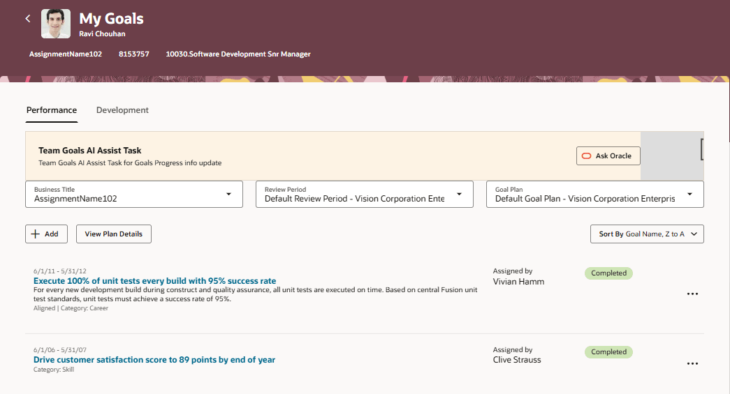「自分の目標」ページで個人ヘッダーを構成した結果を示すスクリーンショット。