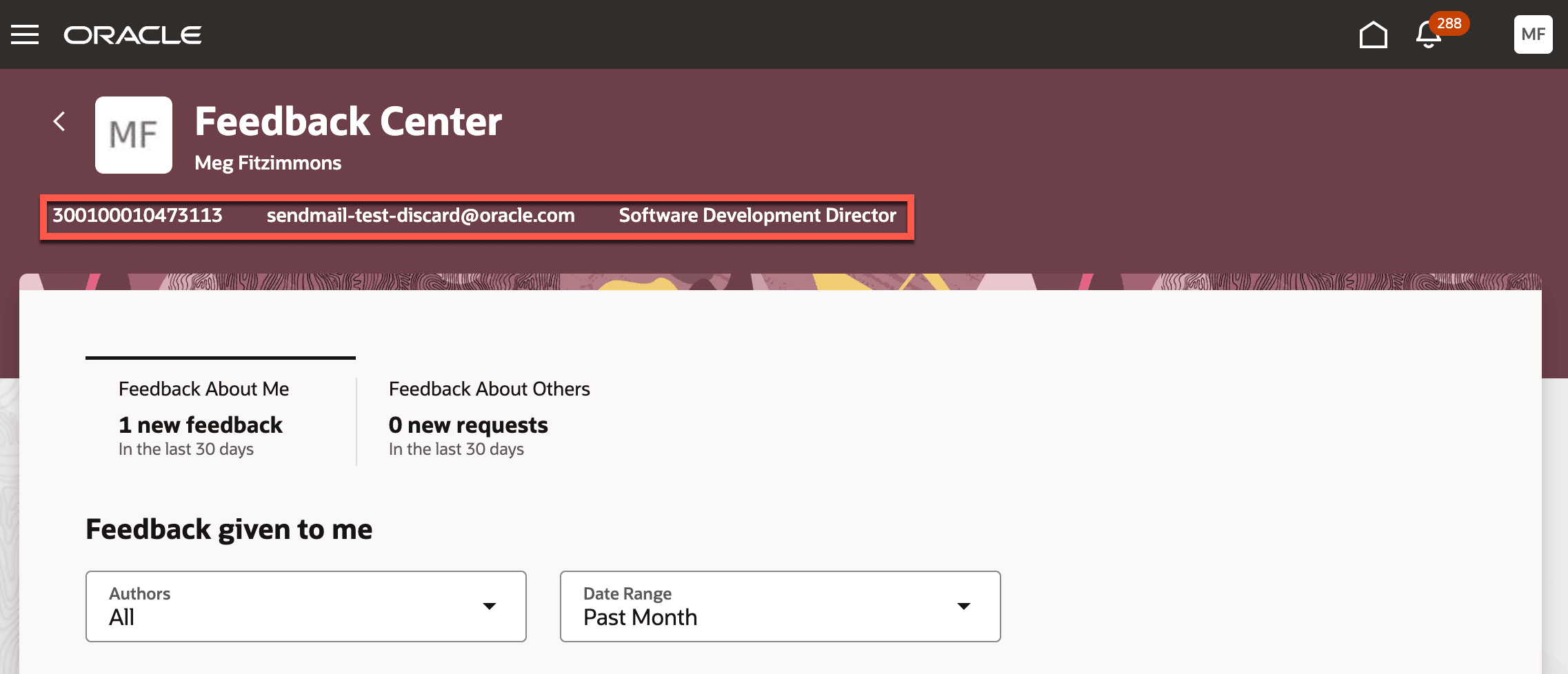 ヘッダーが強調表示されたフィードバック・センターでのページ・ヘッダー・プロパティの構成結果を示すスクリーンショット。