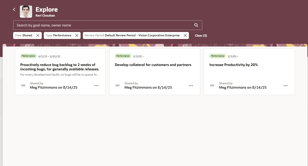 共有パフォーマンス目標を示す「探索」タブ