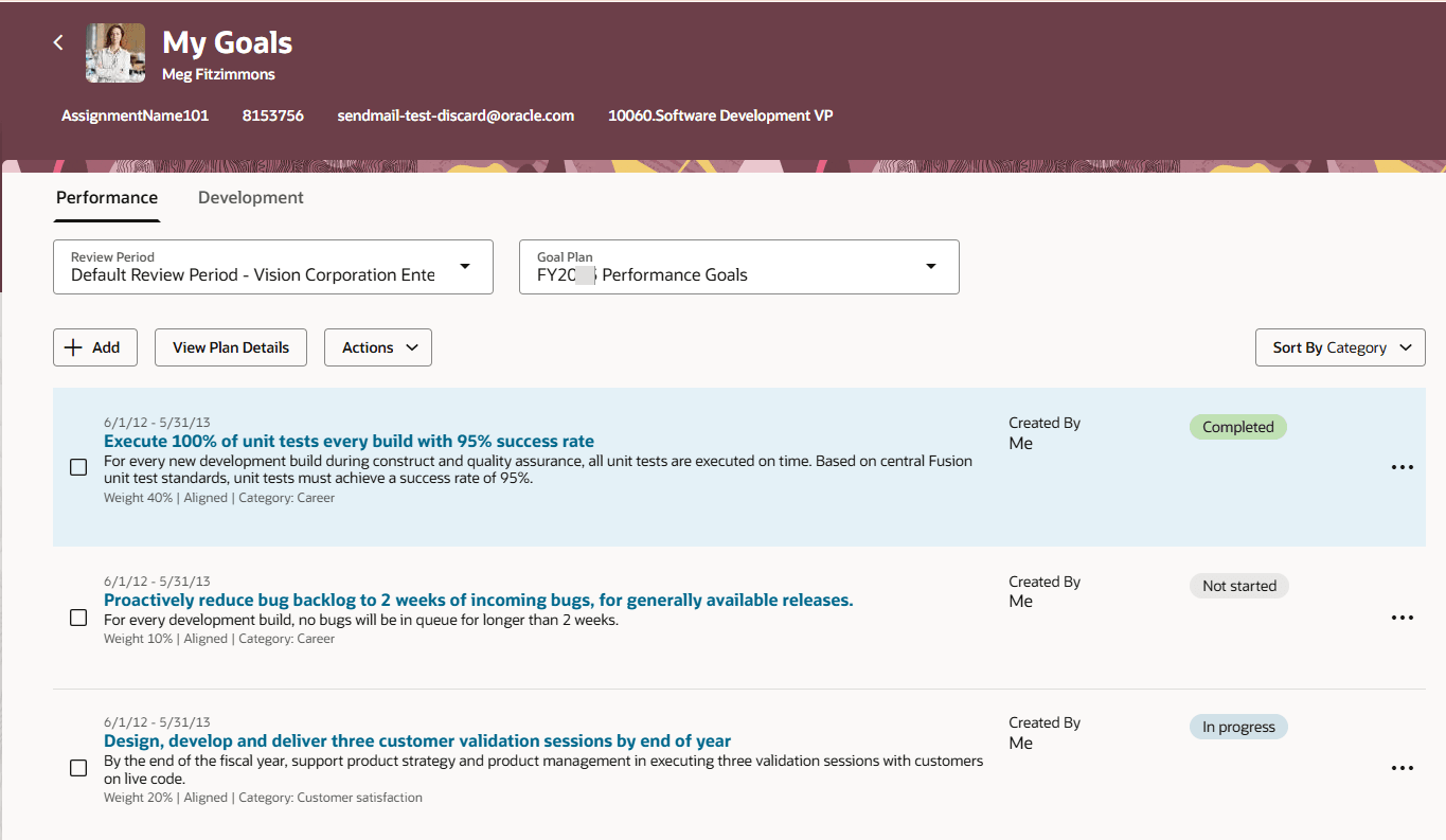 カテゴリでソートされた目標を示す「自分の目標」ページ