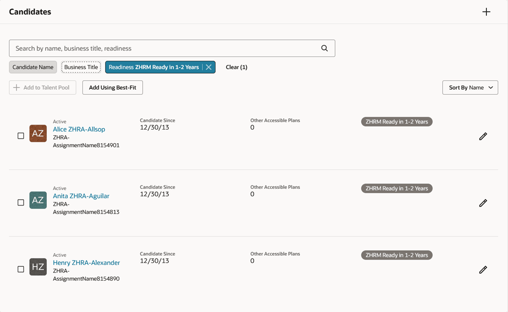 後任プランの「候補者」セクションの候補者検索フィルタ